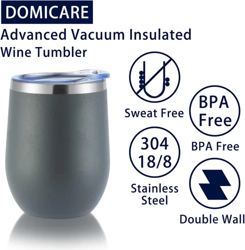Miniatura 7 de DOMICARE - Vaso de vino de 12 onzas con tapa, hecho de acero inoxidable con aislamiento al vacío de doble pared, paquete de 1 unidad, color gris