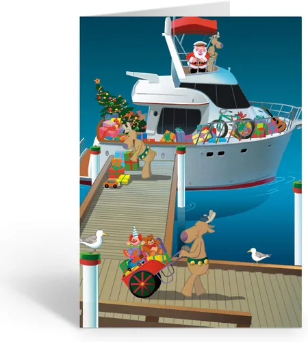 Stonehouse Collection | Santa Loads the Boat | Tarjeta de Navidad temática náutica | 18 tarjetas de navegación y sobres | Fabricado en Estados