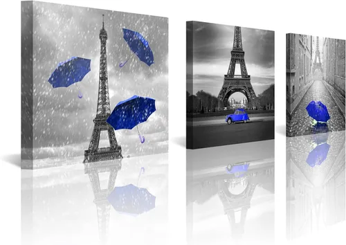 Miniatura 26 de NAN Wind 3 piezas de lienzo moderno Giclée impresiones en blanco y negro con paraguas rojos, lienzo romántico para parejas, pinturas de paisaje rojo