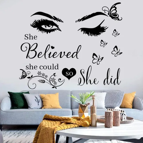 Miniatura 5 de Adhesivo de pared de vinilo con texto en inglés "She Believed She Could So She Did", calcomanías de pared de mariposa para dormitorio, sala