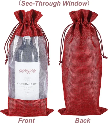 Miniatura 4 de Bolsas de vino de yute, 10 bolsas de arpillera roja para botellas de 25.4 fl oz con ventana transparente, bolsas de regalo de organza con cordón