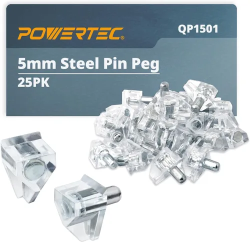 POWERTEC QP1501 - Juego de 25 clavijas transparentes de 0.197 in para estantes, estantes de gabinete de cocina, estantería, armario y muebles,