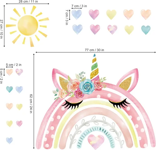 Miniatura 5 de wondever Calcomanías de pared grandes con diseño de arco iris de acuarela, diseño de unicornio y corazones de arco iris, calcomanías de arte