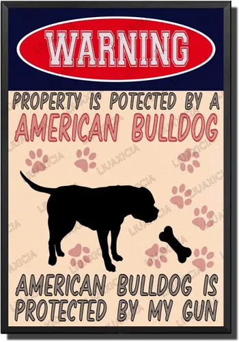 Miniatura 29 de LIUAXICIA Letreros divertidos de metal con texto en inglés "Warning Property is Potected by A American Bulldog is Protected by My Gun" The Coffee