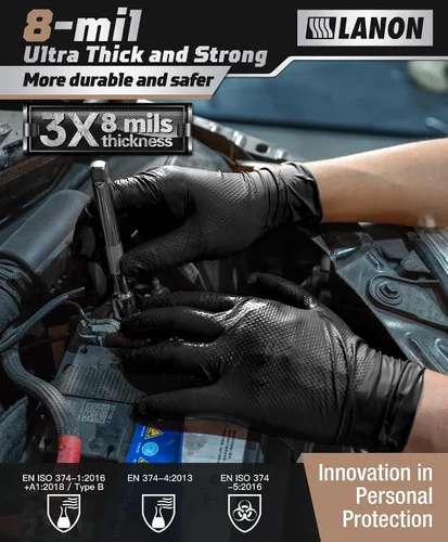 Miniatura 3 de LANON Black Nitrile Disposable Gloves, EN ISO 374 Chemical Resistant, Heavy-Duty, Mechanic, Textured Fingertips, Latex-Free