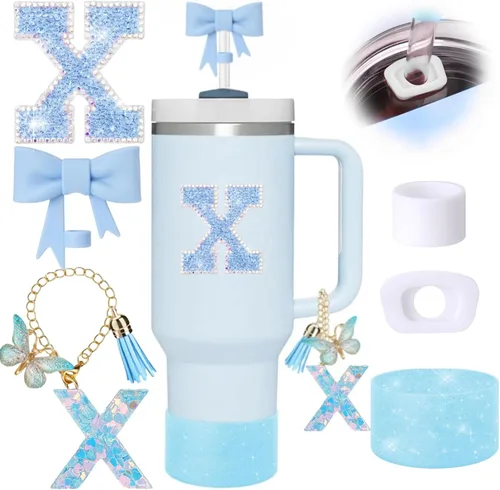 Miniatura 25 de Juego de 6 accesorios de copa Stanley color azul, adorno de pajilla con lazo para copa Stanley de 30 onzas, 40 onzas, incluye adorno de popote
