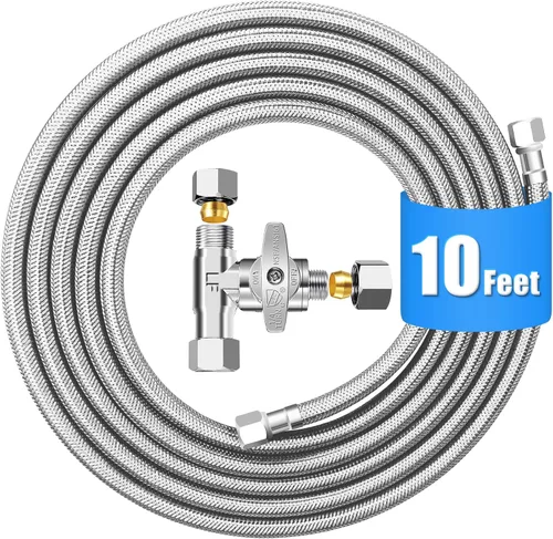 Kit de línea de agua para refrigerador - Línea de agua trenzada de acero inoxidable de 10 pies para máquina de hielo con válvula de parada en T,