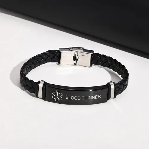 Miniatura 10 de MEALGUET Pulseras médicas personalizadas para hombres: grabado gratuito de acero inoxidable negro y cuero trenzado pulsera de alerta médica