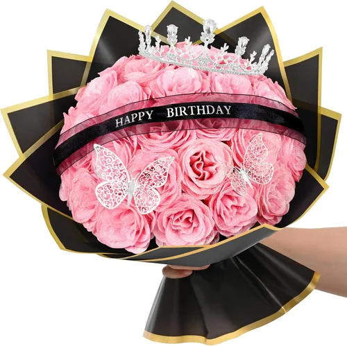 Miniatura 8 de Waipfaru Ramo de rosas con purpurina, regalos de cumpleaños para mujeres y madres, ramo de flores falsas con letreros de cumpleaños, 36 rosas negras