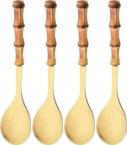Miniatura 8 de Juego de 4 utensilios para servir con mango de bambú, cuchara larga de acero inoxidable 304, tenedor para cocina, bufé, restaurante, boda, fiesta