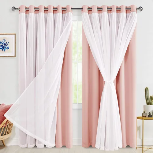 Miniatura 92 de Hiasan Cortinas opacas con superposición transparente, aislamiento térmico para mezclar y combinar de doble capa, cortinas de oscurecimiento de Beige