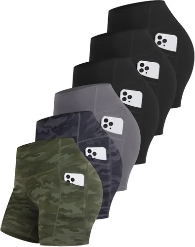 Miniatura 15 de CHRLEISURE - 6 paquetes de pantalones cortos de mujer estilo biker con bolsillo, pantalones cortos de elastano de control de abdomen de 5 pulgadas