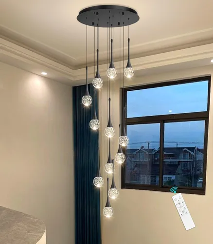 Miniatura 23 de 16 Luces Moderna Lámpara de Techo de Cristal Glam para Techo Alto, Lámpara Colgante LED Regulable para Escalera, Vestíbulo, Entrada, Sala de Estar