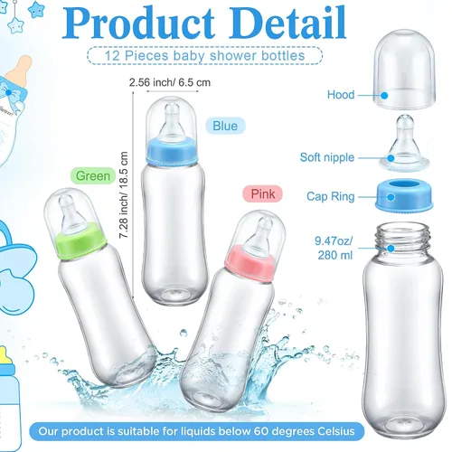 Miniatura 3 de Roowest Bottle Chug Baby Shower Game Favors 12 piezas de botellas de baby shower con 1 letrero de madera para revelación de género, suministros