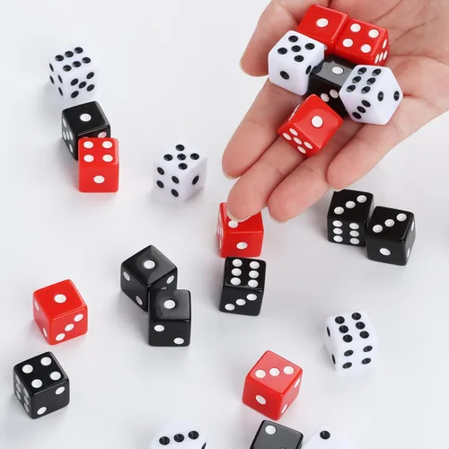 Miniatura 6 de Juego de 50 dados estándar de 0.63 pulgadas con acrílico negro, blanco, rojo, 6 caras, a granel, dados de casino para fiestas temáticas de casino