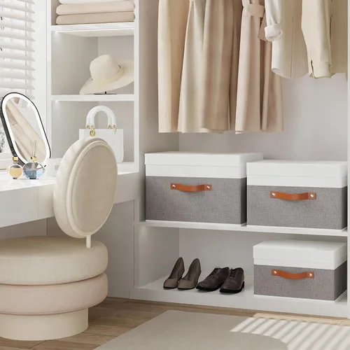 Miniatura 4 de Contenedor de almacenamiento de tela, cesta de almacenamiento con tapas, caja organizadora de armario con asas para zapatos, libros, toallas, blanco