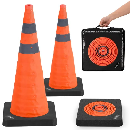 Miniatura 12 de BATTIFE Paquete de 4 conos naranjas plegables de seguridad de tráfico de 28 pulgadas con base negra pesada, conos emergentes multiusos y collar