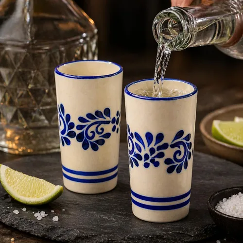 Miniatura 7 de Juego de 2 vasos de chupito pintados a mano, tazas de tequilero de 2 onzas, flores azules clásicas Abajo, Mezcal Sangrita de tequila, hecho a mano