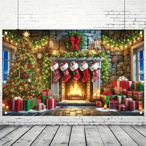 Miniatura 3 de Cartel de Feliz Navidad de 71 x 43 pulgadas, caja de regalo, adorno de árbol, decoración de fondo de fotografía para fiestas de invierno