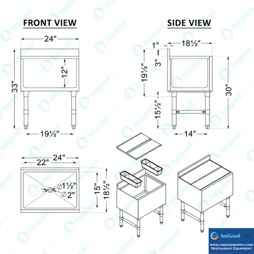 Miniatura 3 de AmGood 18.5 in. x 24 in. Cubo de hielo debajo de la barra con tapa deslizante NSF Baúl de hielo de acero inoxidable con tapa deslizante