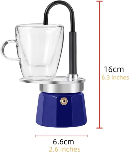 Miniatura 8 de Mini Express Swiss Single Tube Moka Pot Aluminio Azul, El juego de moka incluye una taza de doble pared de 3 onzas, disfruta de un delicioso café
