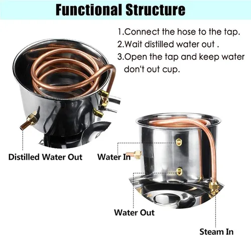 Miniatura 4 de Destilador de acero inoxidable con condensador de tubo de cobre, kit de preparación casera con termómetro, para bricolaje, 6 l/1.5 galones