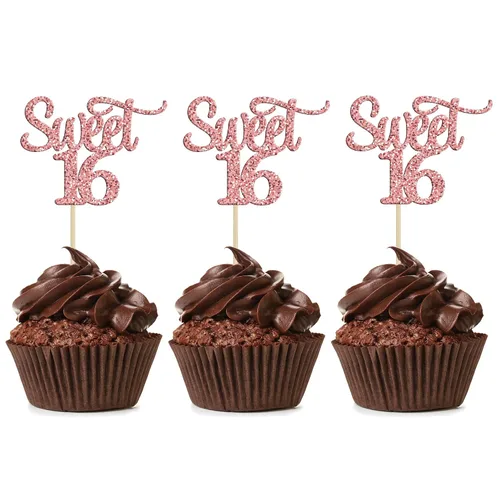 Miniatura 12 de Gyufise 1 decoración para tartas de 16 años con purpurina negra para cumpleaños de 16 años, decoración para felicitaciones a 16 años de edad
