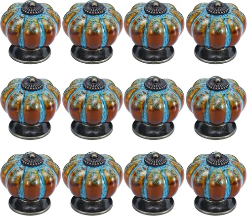 Tiradores de gabinete 12 piezas, pomo de cerámica esmaltada con forma de calabaza para decorar manija de puerta de alacena vintage, cajones, Azul