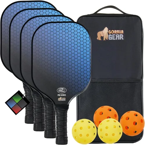 Gorilla Gear USAPA Approved Pickleball Starter Set, Fiberglass Paddles with Bag and Balls, Indoor Outdoor Court Use, Comfortable Racket Grip,