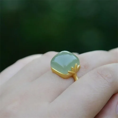 Miniatura 6 de Anillo de bambú verde vintage de jade hetian para mujer, delicado estilo chino, hecho a mano, con piedras preciosas ajustables, banda de dedo