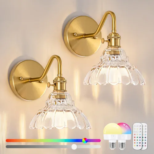 Miniatura 12 de Juego de dos apliques de pared vintage que funcionan con pilas, para interiores, no cableados, de latón y cristal verde, luces de pared RGB