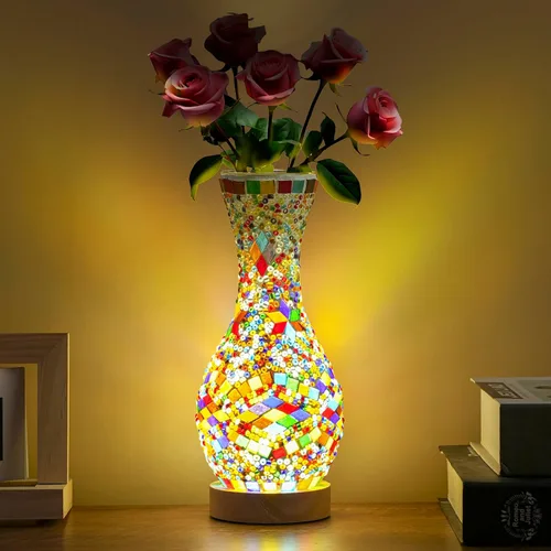 Miniatura 11 de Lámpara de mesa turca marroquí con mosaico, jarrón de vidrio hecho a mano con base de madera, iluminación decorativa para dormitorio, sala de estar