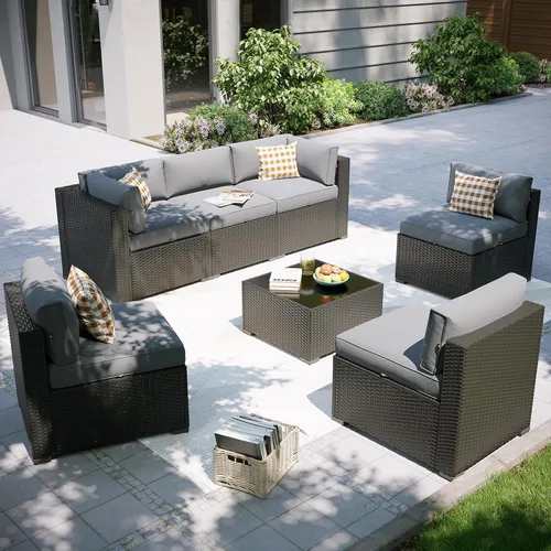 Miniatura 18 de Aoxun Juego de muebles de patio, 7 piezas de sofás seccionales para exteriores con funda impermeable, mimbre de ratán para exteriores, juego