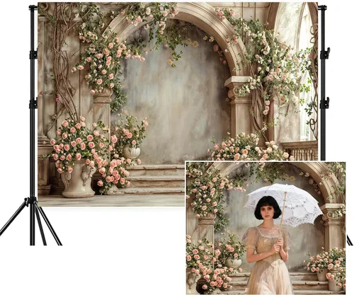 Telón de fondo de flores de pared de arco, retro medieval edificio rosa rosa, cartel realista y elegante de palacio romántico para decoración de