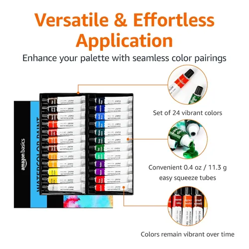 Miniatura 3 de Amazon Basics Juego de tubos de pintura acuarela vibrante, 24 colores, colores surtidos