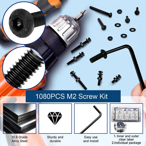 Miniatura 3 de Kit surtido de tornillos M2 de 1080 piezas, tornillos M2 M2x4/6/8/10/12/16/20/0.984 in, tornillos M2 de cabeza de botón hexagonal métrica de acero