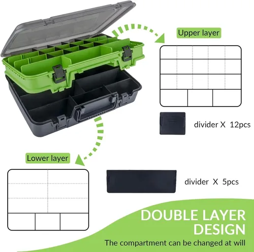 Miniatura 2 de THKFISH Caja organizadora de aparejos de pesca, cajas de pesca de doble capa, caja para exteriores, con divisores ajustables, 14.96 x 10.23 x 4.5