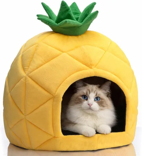 Hollypet Cama para gatos autocalentable para gatitos, cabaña, nido de mascotas, cama para dormir para gatos de interior, amarillo, cueva de piña