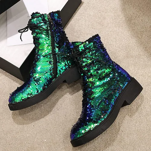 Miniatura 4 de FIFSY Botines de combate con purpurina y lentejuelas para mujer con tacones brillantes