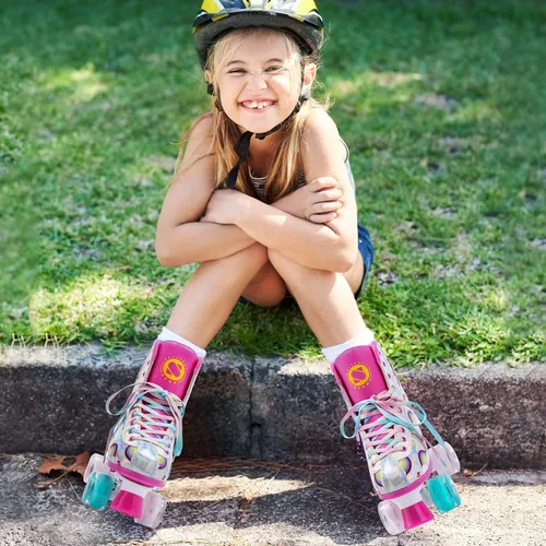 Miniatura 4 de SULIFEEL Patines de unicornio arcoíris para niñas, ruedas iluminadas, patines cuádruples con parte superior reflectante de piel de poliuretano
