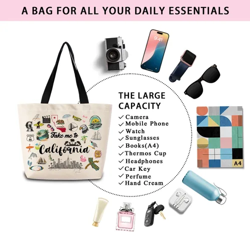 Miniatura 7 de Take Me To California - Bolsa reutilizable para comestibles, bolsa de compras estética con bolsillo interior, ligera y lavable, elegante, regalo