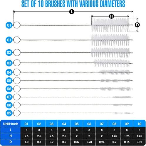 Miniatura 7 de Juego de 10 cepillos de limpieza para pajitas de acero inoxidable, cerdas de nailon duraderas, varios tamaños para popotes reutilizables, tazas