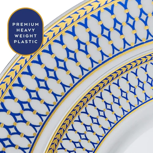 Miniatura 3 de Laura Stein - Platos desechables de plástico pesado de alta calidad con borde azul y dorado para fiestas y bodas, platos desechables de la serie