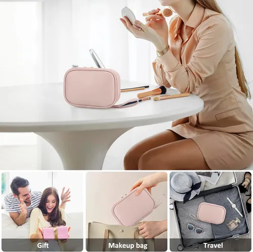 Miniatura 7 de E-Tree Bolsa de maquillaje de piel sintética para mujer, organizador de cosméticos de viaje con doble cremallera, bolsa de aseo pequeña impermeable