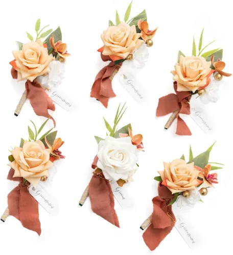Miniatura 19 de Ling's Moment Boutonniere para Hombres Boda, Juego de 6, Novio y Padrinos Boutonniere para Boda Regreso a Casa Halloween Ceremonia Aniversario, Cena