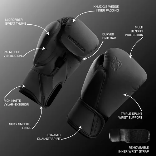 Miniatura 6 de Guantes de boxeo Hayabusa T360 – Ergonomía revolucionaria de la mano Soporte de muñeca potenciado Cierre de correa simple o doble Negro