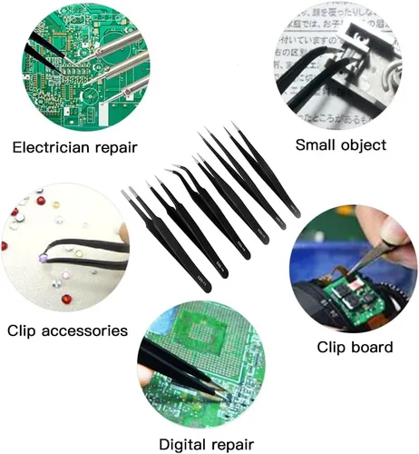 Miniatura 9 de Utoolmart Juego de pinzas de precisión, 6 en 1 de acero inoxidable antiestáticas industriales ESD, para soldadura electrónica, reparación