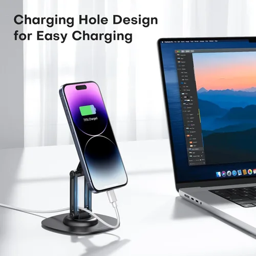 Miniatura 8 de OMOTON Soporte de Teléfono Magnético Giratório de 360° para Escritorio, Ajustable y Plegable de Aluminio para Soporte de Celular MagSafe con Base