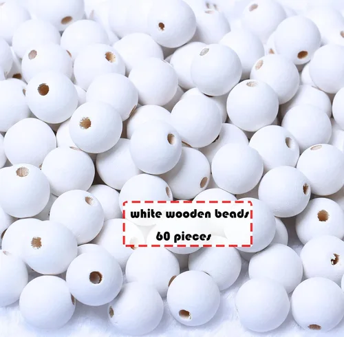 Miniatura 6 de 60 cuentas de madera blanca mate de 0.71 pulgadas para manualidades hechas a mano, cuentas redondas de madera a granel con agujero de 0.157 pulgadas
