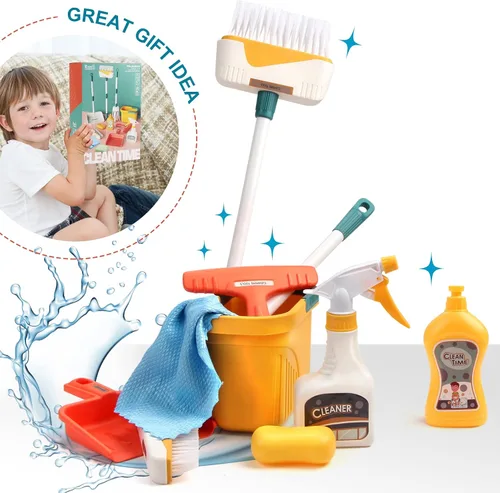 Miniatura 8 de Juego de limpieza para niños de 12 piezas, incluye escoba, recogedor, trapeador, cepillo, aerosol, raspador, cubo, esponja y más, kit de limpieza